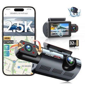Juscar Wi-Fi 및 GPS가 있는 3채널 대시 캠, 전면 후면/내부, 음성 제어 4K/2.5K+1080P+1080P 트리플 카메라 3 front inside and rear