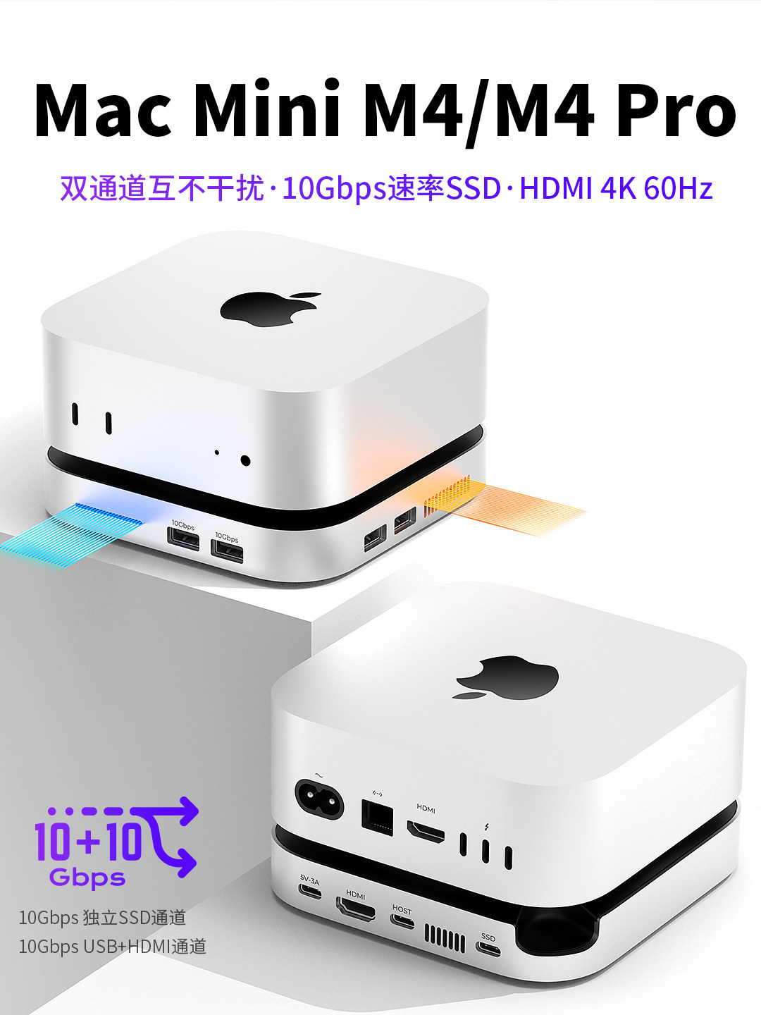 썬더볼트독 2026년형 모델 - Mac Mini M4 Dock Pro 듀얼 채널 USB 4 고속 확장 도크 3.2/USB SSD 알루미늄 합금 Thunderbolt 확장과 호환됩