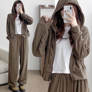 골덴 여성 루즈핏 후드집업 와이드팬츠 투피스 세트