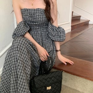 한정수량 원가세일]-체크 오프숄더 변형 원피스