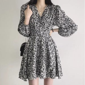 여성 봄 여름 가을 플라워 랩 플레어 미니 원피스 데일리 데이트 출근룩 꾸안꾸 드레스