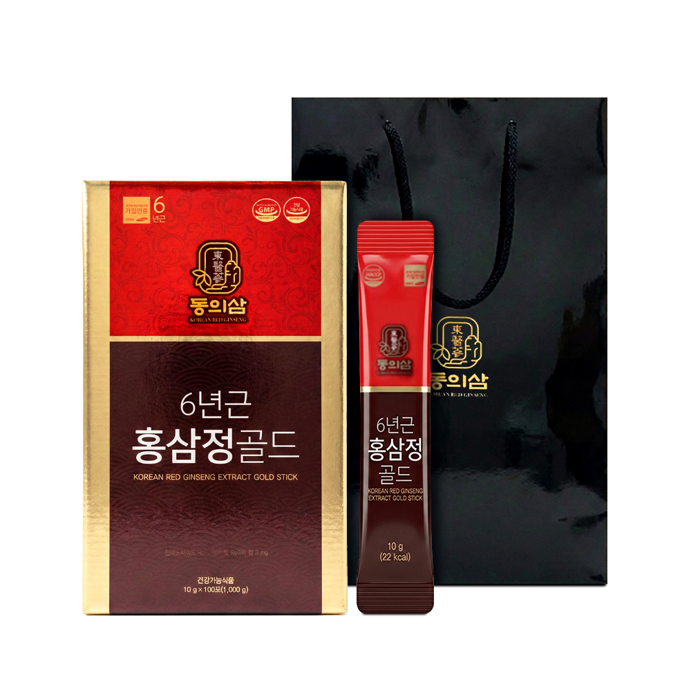 <b>동의삼</b> 6년근 홍삼정 홍삼스틱 골드 설선물 명절 선물세트 쇼핑백 100포, 1개