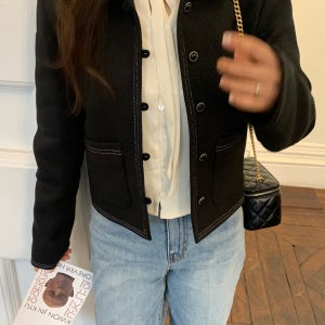 [당일출고] 브레드 자켓 트위드 하객룩 앤유브라운 배색 스티치 드뮤어 크롭 상견례룩 올어바웃유