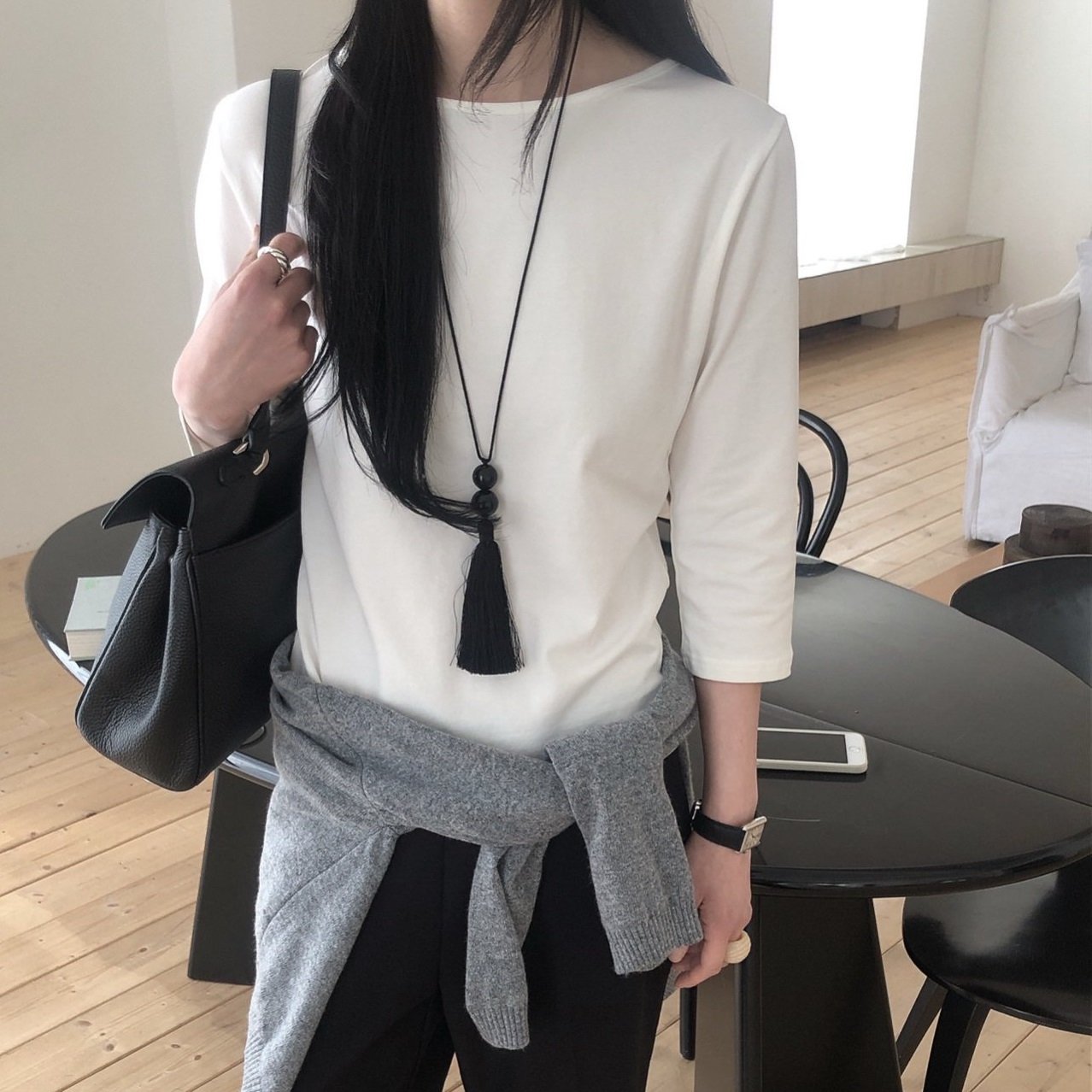 블랙 당일/26SS 르버터 에센셜 7부 보트넥 베이직 스판 티셔츠