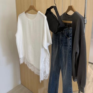 사선레이스반팔티 [화이트 블랙]