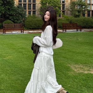 봄 A라인 플레어 롱 맥시 캉캉 스커트 면 레이스 허리 스트랩 빅사이즈 롱치마 화이트 블랙