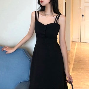 어시스토 여성의류 여성 봄원피스 쓰리 끈나시 블랙 롱 원피스 치마