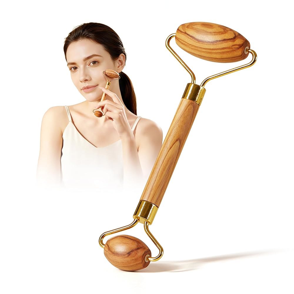 조신 페이스 롤러 마사지 도구, 림프 배액용 페이셜 도구 - 주름 개선 및 퍼프 눈 여성 남성용 셀프 케어 선물 (<b>올리브</b> 우드)