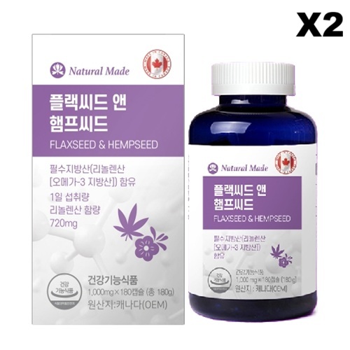 네츄럴<b>메이드</b> 플랙씨드 앤 햄프씨드 1000mg 필수 지방산 오메가3 180캡슐, 2개