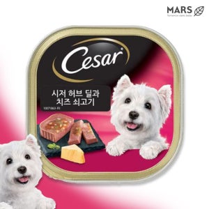 시저 캔 강아지 주식 습식 사료 허브딜 치즈와 쇠고기, 100g, 3개