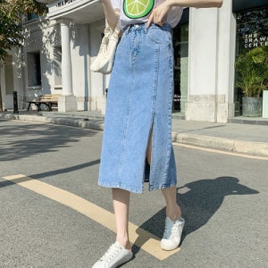 [온닛] 여성 데일리 앞트임 롱 데님 스커트 청치마