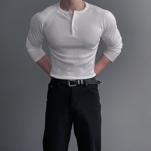 남자 머슬핏 헨리넥 긴팔 티셔츠
