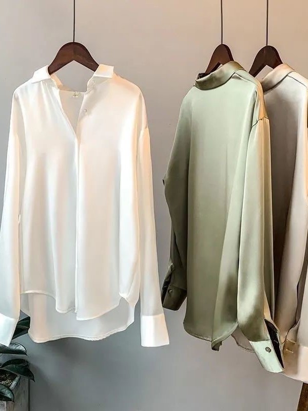 여자셔츠 블라우스남방 실크 새틴 여성 브라운 긴 소매 엘레강트블랙 3XL 72.5-77.5kg