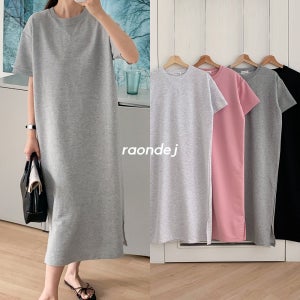 데일리 반팔 라운드 박시 트임 롱원피스