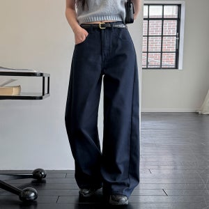 웨스트 밴드 사이드 절개 세미 와이드 팬츠