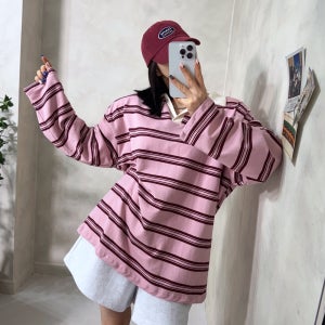 배색 스트라이프 카라티 여성 오버핏 티셔츠 박스티