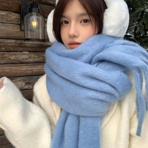 블루 모헤어 니트 스카프 겨울 여성 롱 목도리