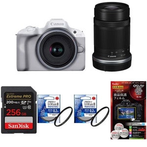 디지털카메라 일본 699999 카메라 안심 세트 Canon EOS R50 듀얼 줌 키트 화이트 SDXC 카드 256GB 보호 필터 액정 필름