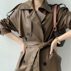 [FW10] 패셔너블 가을 의류 가죽 베이직 여성 트렌치코트 자켓 트랜드 인조 롱