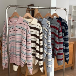 여성 니트티 울 스트라이프 카라 간절기 봄 가을 루즈핏 핑크 데일리니트