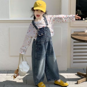 3-7세 남아 여아 상하복 100-130호 긴팔 도트 땡땡이 티셔츠 청 데님 멜빵 와이드 일자 팬츠 키즈 아기 데일리 나들이 행사 소풍 등원룩 아동복 상하세트