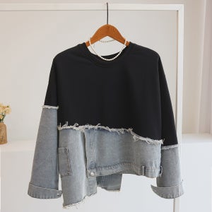 마카몽 봄 언발 컷팅 데님 배색 레이어드 루즈핏 맨투맨