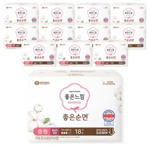 좋은느낌 좋은순면 날개형 중형, 18개입, 12팩