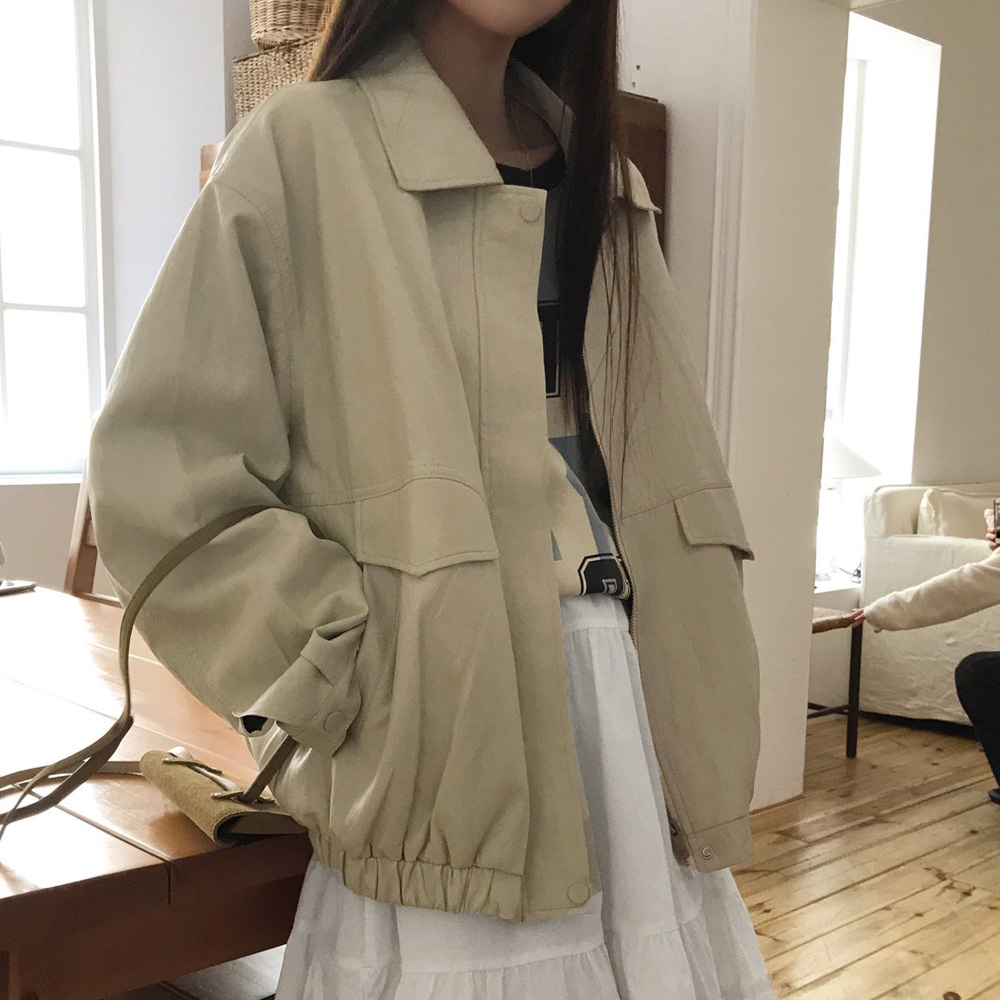 여성 오버핏 레더 자켓 봄 가을 비건레더 블루종 집업 점퍼 베이지 루즈핏