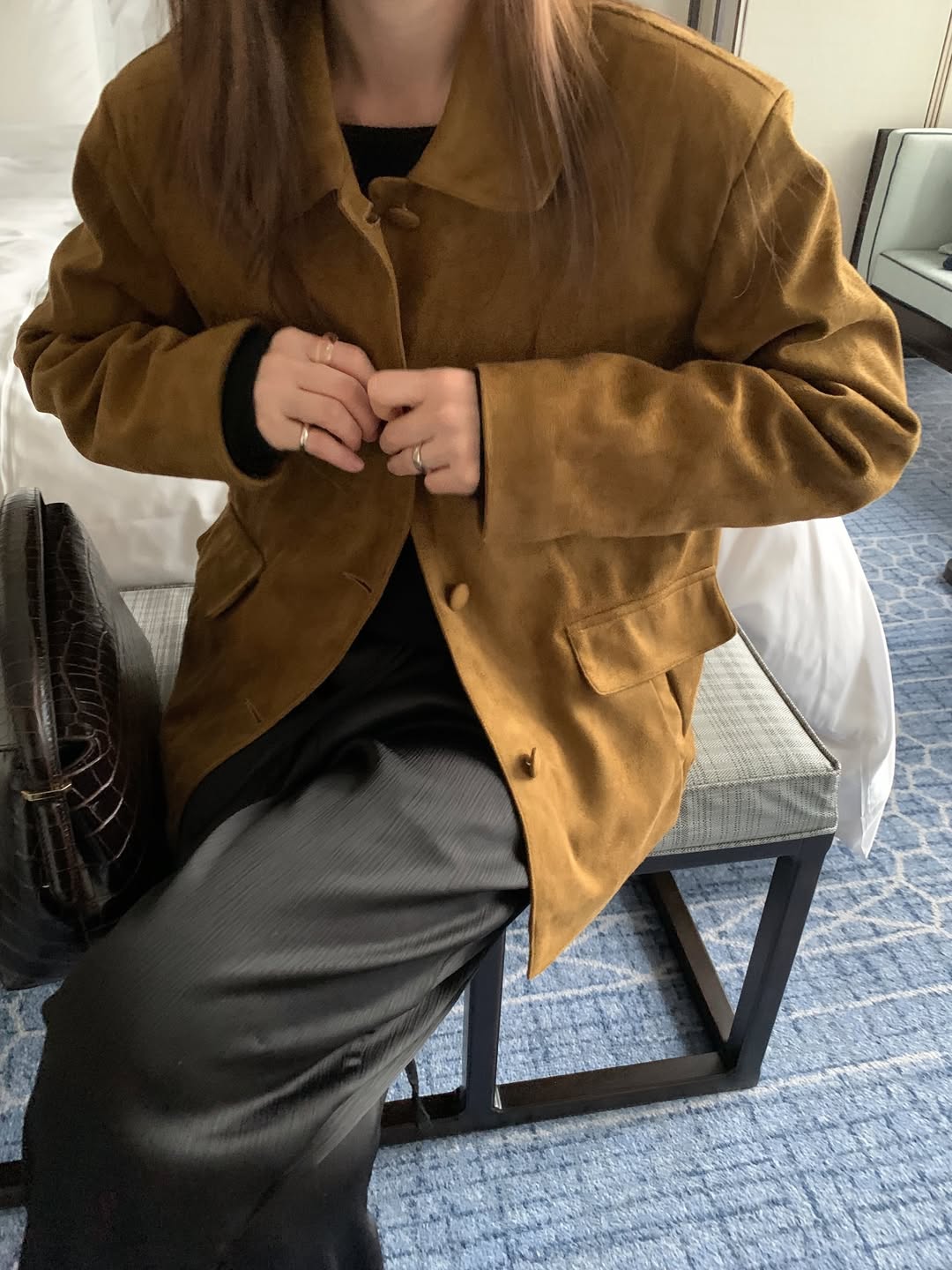 블랙레더자켓 카멜스웨이드자켓 간절기재킷 블루종 봄점퍼 (갈색/검정색)