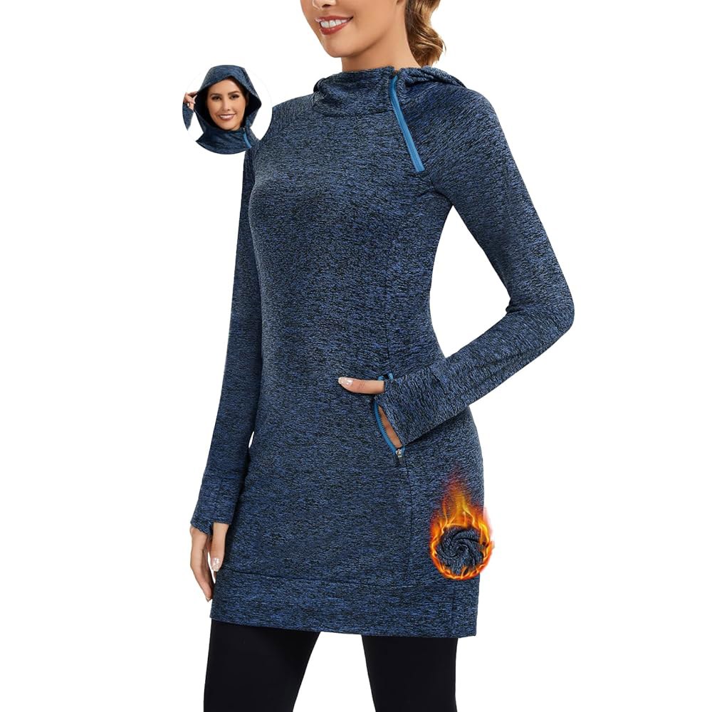 <b>레이쉬</b> 여성 플리스 후디 스웨트셔츠 드레스 1/4 지퍼 모의 넥 긴 소매 보온 튜닉 포켓 구멍 겨울 Black Small