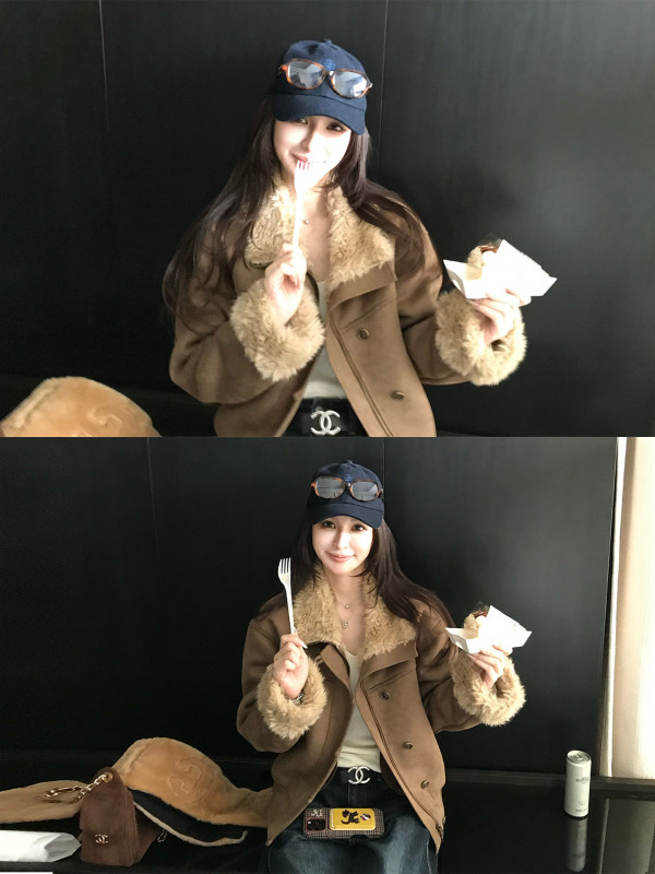 스웨이드 양털 무스탕 재킷 여성용 브라운 크롭 에코퍼