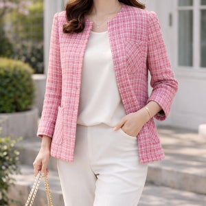 꼼빠니아 EU3WJK010 봄여름 중년여성 핑크체크 라운드넥 트위드자켓 하객 상견례