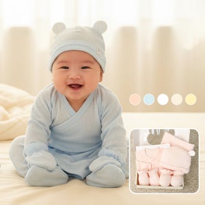 베베라온 신생아 5종 출산 아기의류 배냇가운 모자 손싸개 속싸개 선물세트