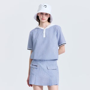 여성 베이직 후드 반팔 우븐탑 스카이블루