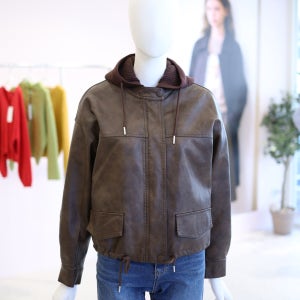 올리브데올리브 여성 니트 후드 인조 가죽 자켓 YY6SJD09