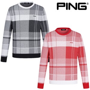 핑 골프웨어 남성 골프 니트 부클 체크 패턴 자카드 라운드넥 긴팔 티셔츠 F1SR381