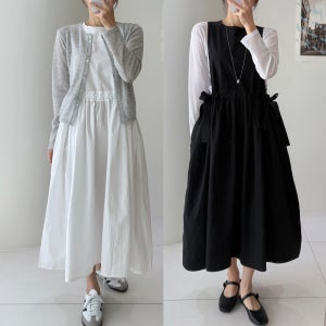 레이어드 민소매 롱 원피스 허리스트랩 체형보정 빅사이즈