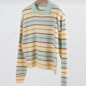 캐시 울 카라 배색 스트라이프 봄 기본핏 니트