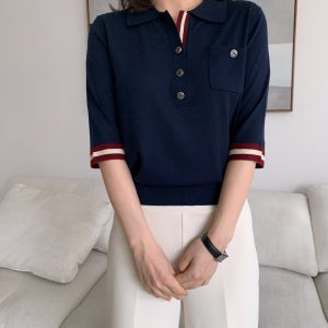 [SALE] 나인콥 포인트 배색 카라 5부 니트