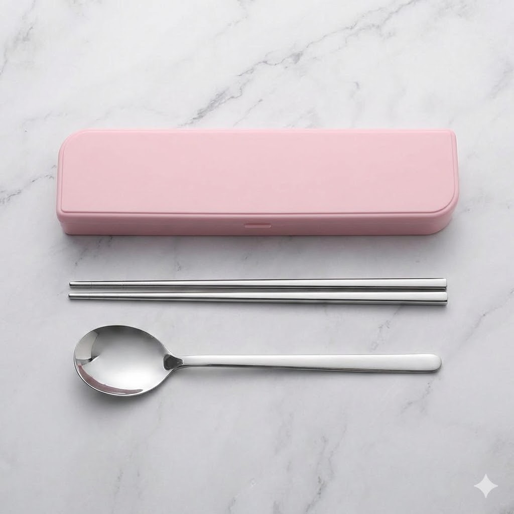 304 스테인리스 휴대용 수저 세트 핑크 케이스 포함 <b>직장인</b>도시락