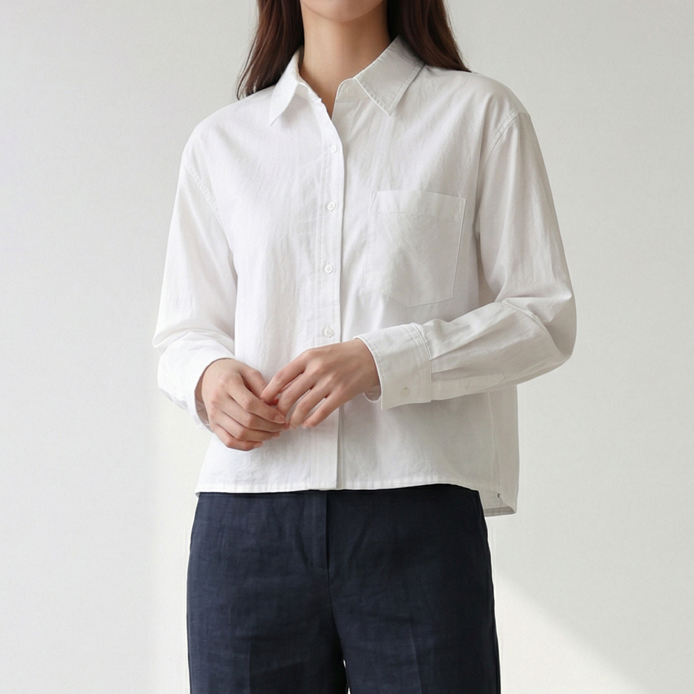 여성 셔츠 옥스포드 크롭 카라 무지 포켓 화이트 네이비 남방