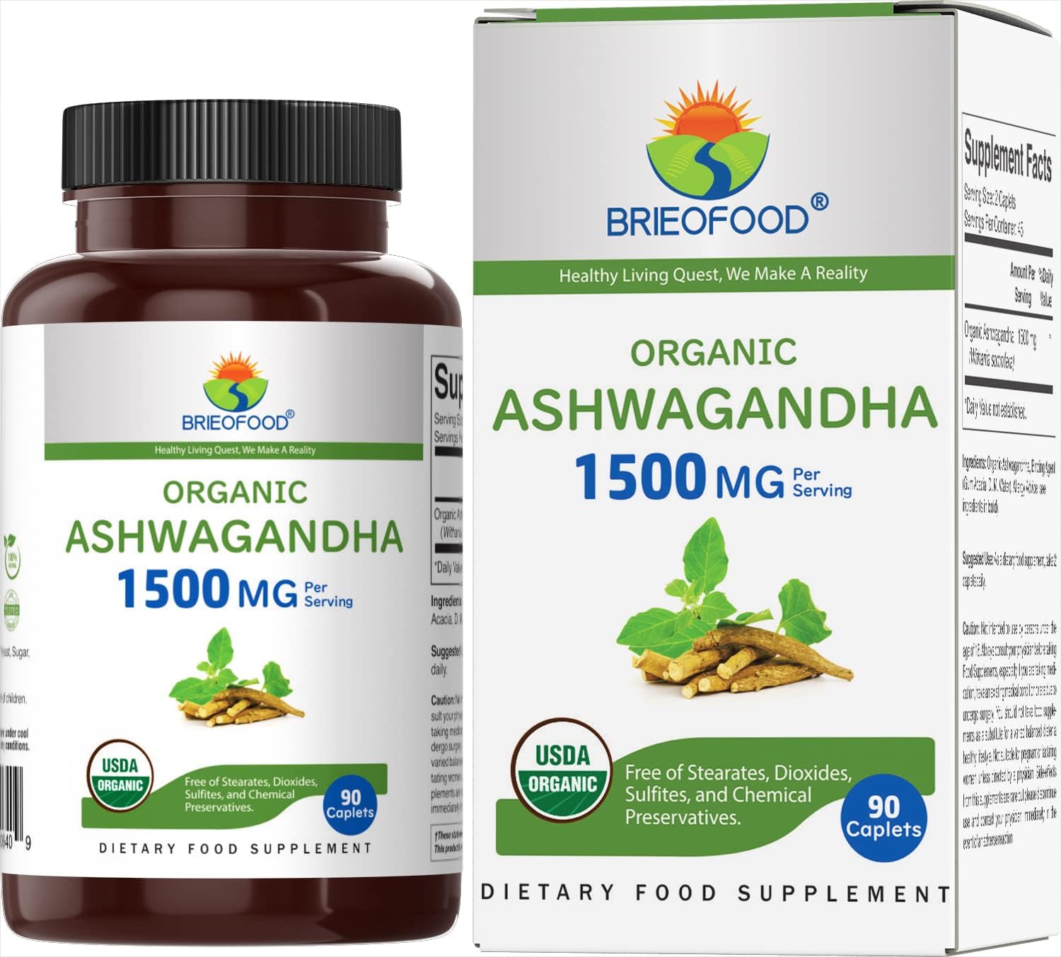 브리푸드 아쉬와간다 1500mg 45인분 채식주의자용 텐 프리 정제 90정