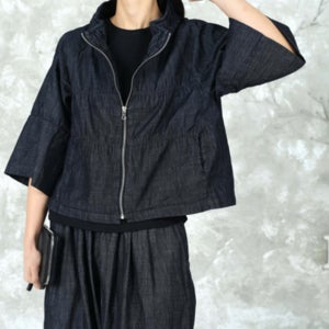 와이어넥 미니고무줄 와이드 7부소매 간절기 여자 집업 청자켓