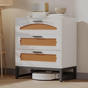 침실용 메리코니아 3 서랍 라탄 서랍장 금속 손잡이가 있는 옷장용 우드 작은 보호 나이트스탠드 세트 침실 복도 및 현관용 흰색