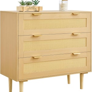VEVOR 3 서랍 라탄 서랍장 침실용 소형 보호 금속 손잡이와 나무 다리가 있는 31.5인치 넓은 거실용 목재 의류 보관 옷장 복도 내추럴 오크