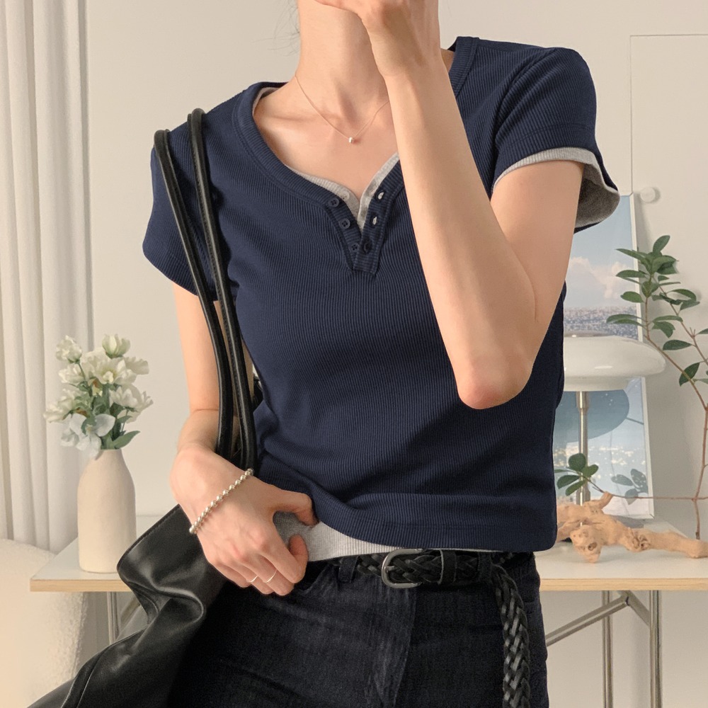 헤이즈 헨리넥 반팔 크롭 티셔츠
