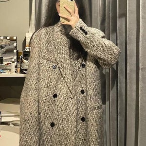 여성 빅사이즈 가을 겨울 모직 오버핏 울 헤링본 하프 롱코트 스왈로우그레이 울 코트 XS [40-54.5kg]