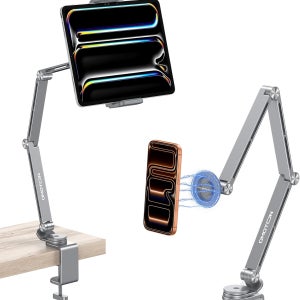 용 OMOTON GH04 태블릿 스탠드 조절 가능한 알루미늄 휴대폰 홀더 마그네틱 헤드 및 플라스틱 클램프 4-13인치 장치와 호환되는 360° 회전 침대 마운트