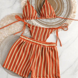 보기엘 크로셰 비키니 3피스 세트 비치웨어 커버업 반바지