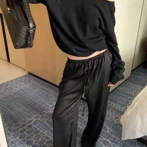 [블랙당일배송]실키 찰랑 소프트 밴딩 새틴 루즈 와이드 팬츠 바지